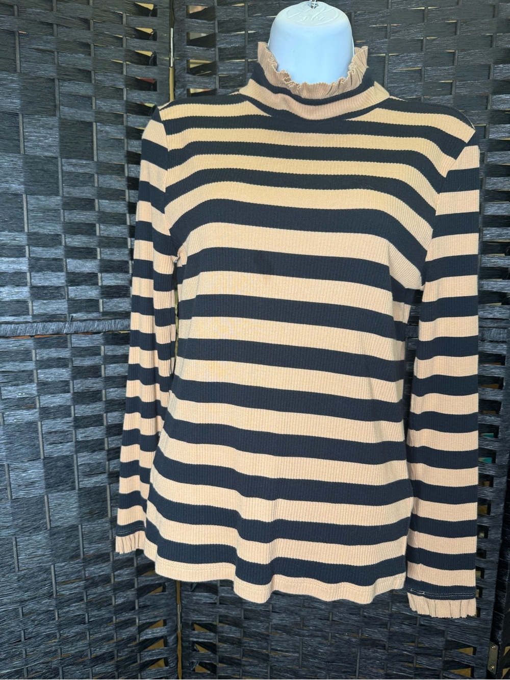 J. crew Striped Ruffle Neck Long-Sleeve Top - Black & Beige (176)
